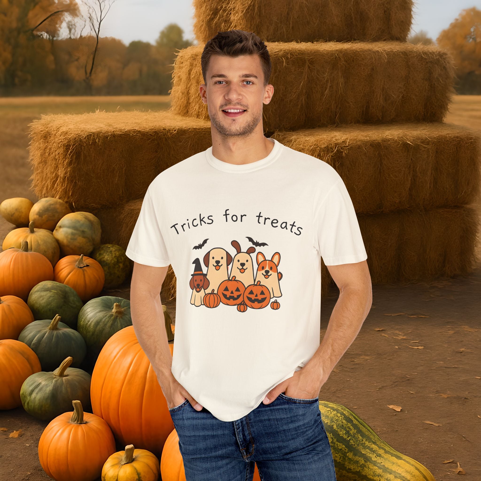 Tricks for Treats Halloween Dog Tee- Cute Fall Comfort Colors T-Shirt