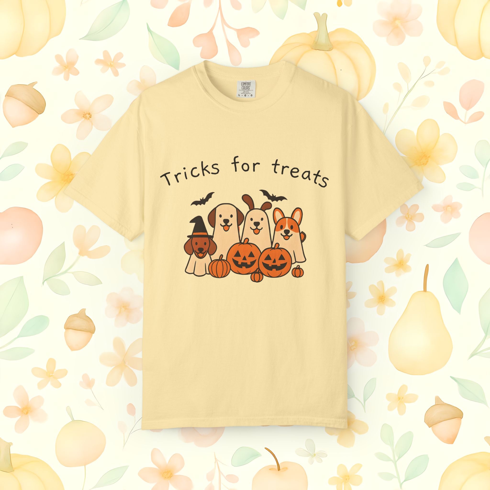 Tricks for Treats Halloween Dog Tee- Cute Fall Comfort Colors T-Shirt