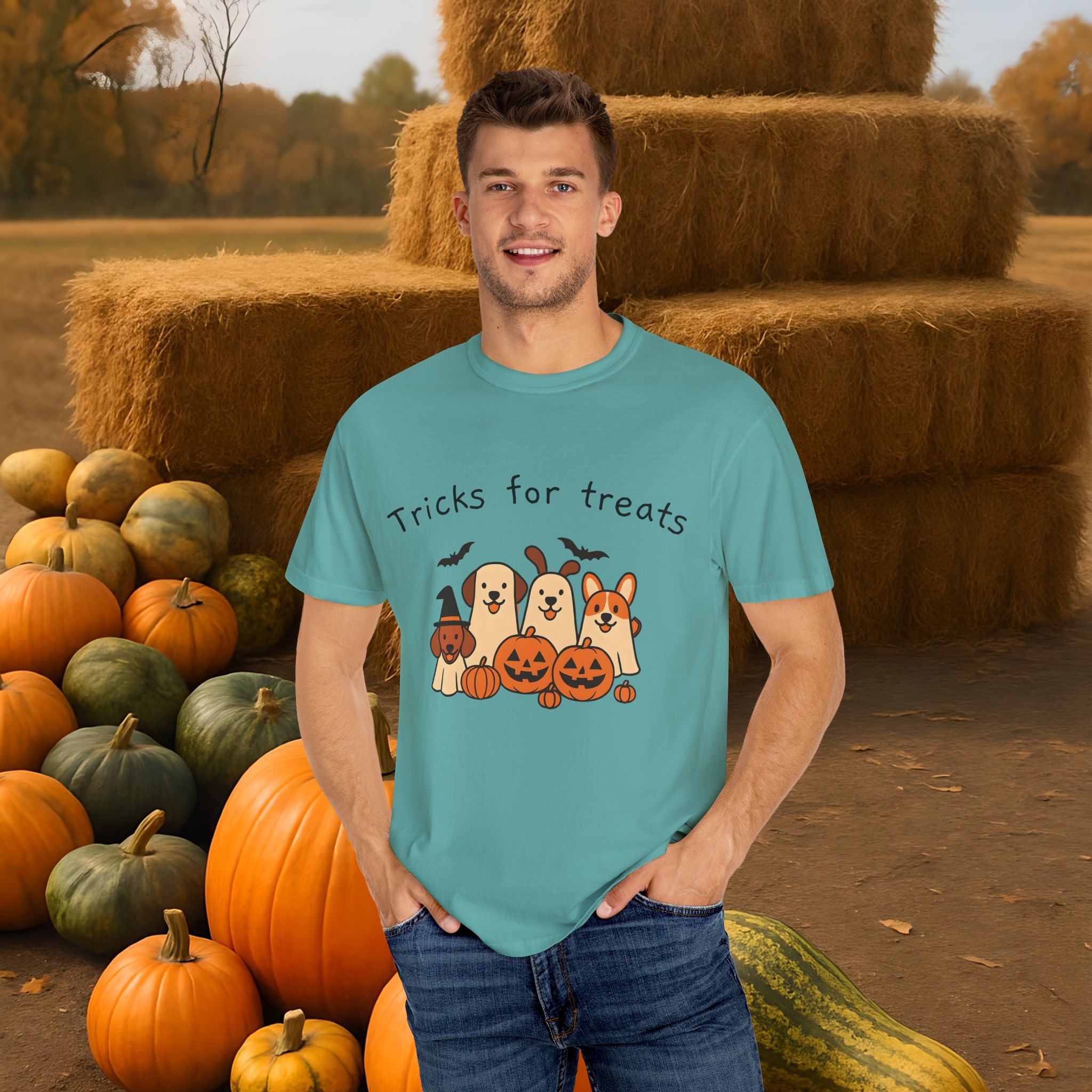 Tricks for Treats Halloween Dog Tee- Cute Fall Comfort Colors T-Shirt