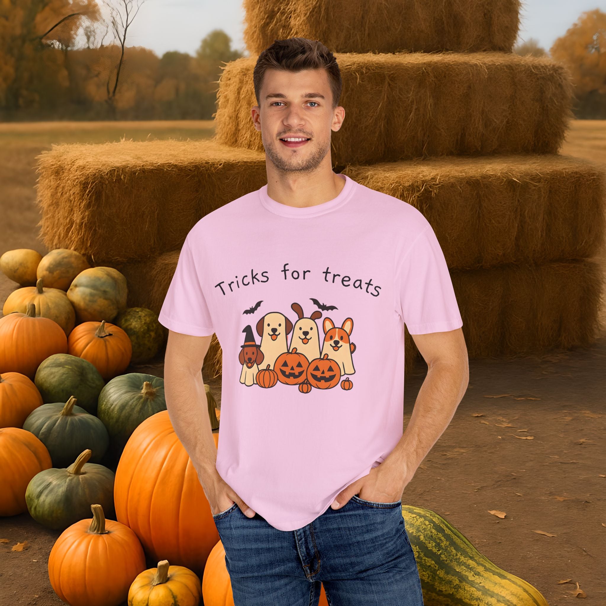 Tricks for Treats Halloween Dog Tee- Cute Fall Comfort Colors T-Shirt