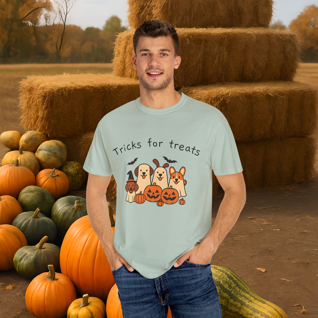 Tricks for Treats Halloween Dog Tee- Cute Fall Comfort Colors T-Shirt