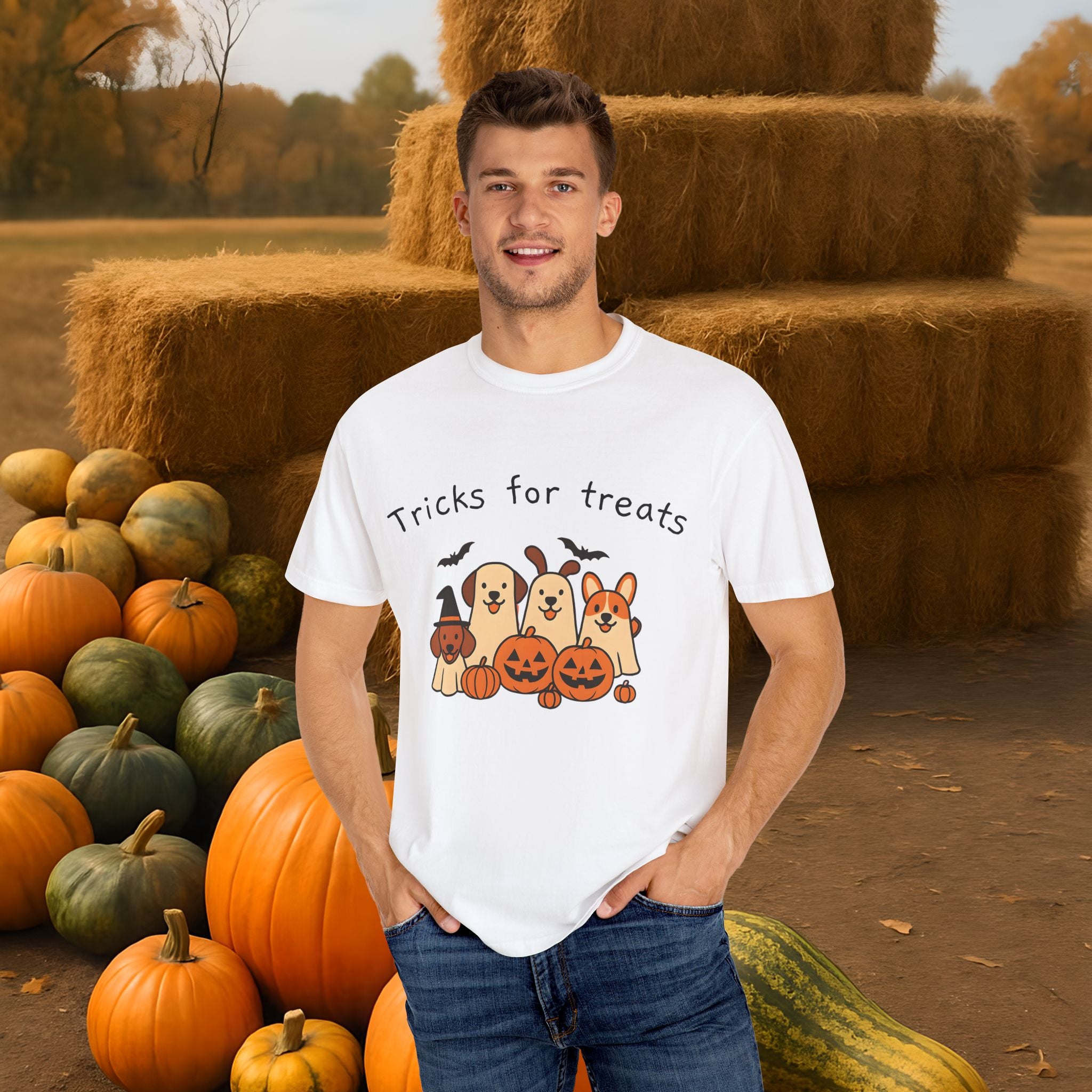 Tricks for Treats Halloween Dog Tee- Cute Fall Comfort Colors T-Shirt