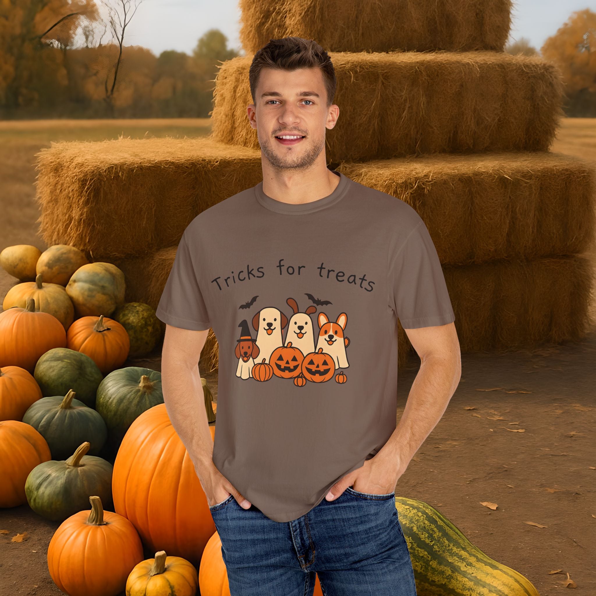 Tricks for Treats Halloween Dog Tee- Cute Fall Comfort Colors T-Shirt