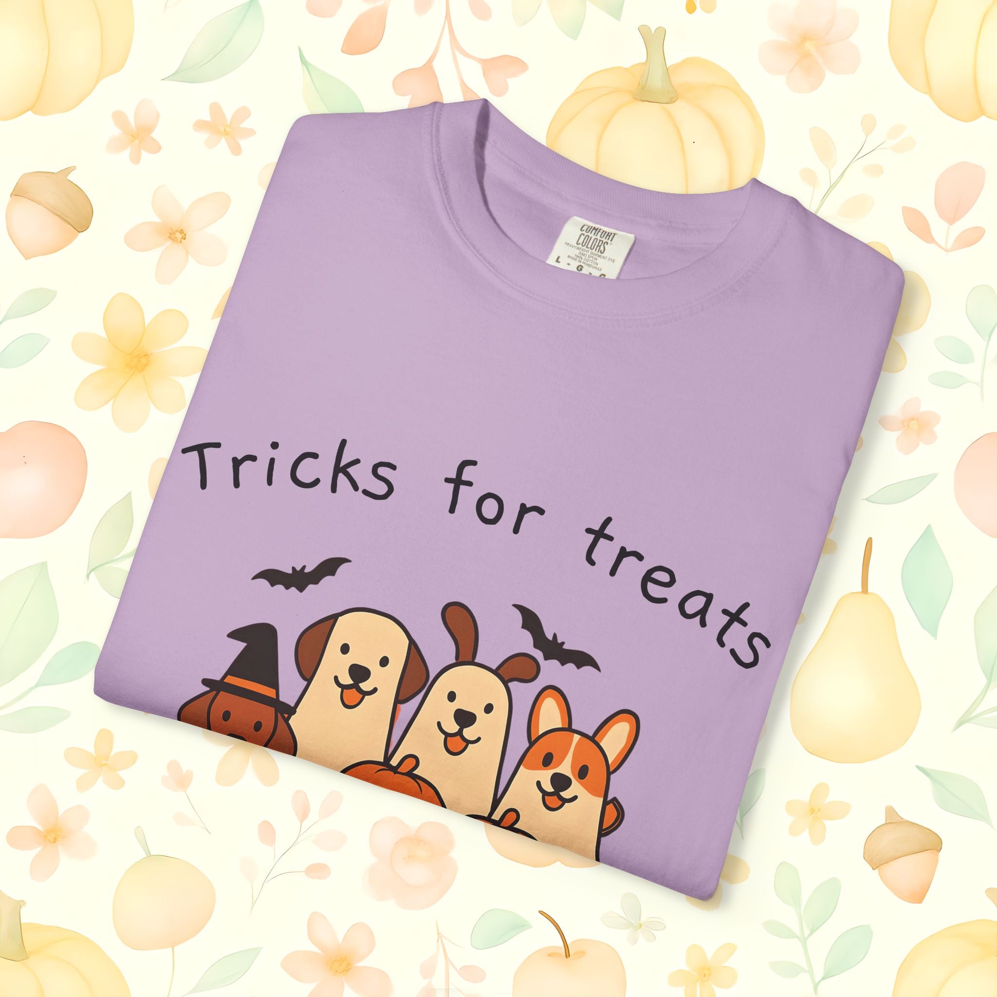 Tricks for Treats Halloween Dog Tee- Cute Fall Comfort Colors T-Shirt