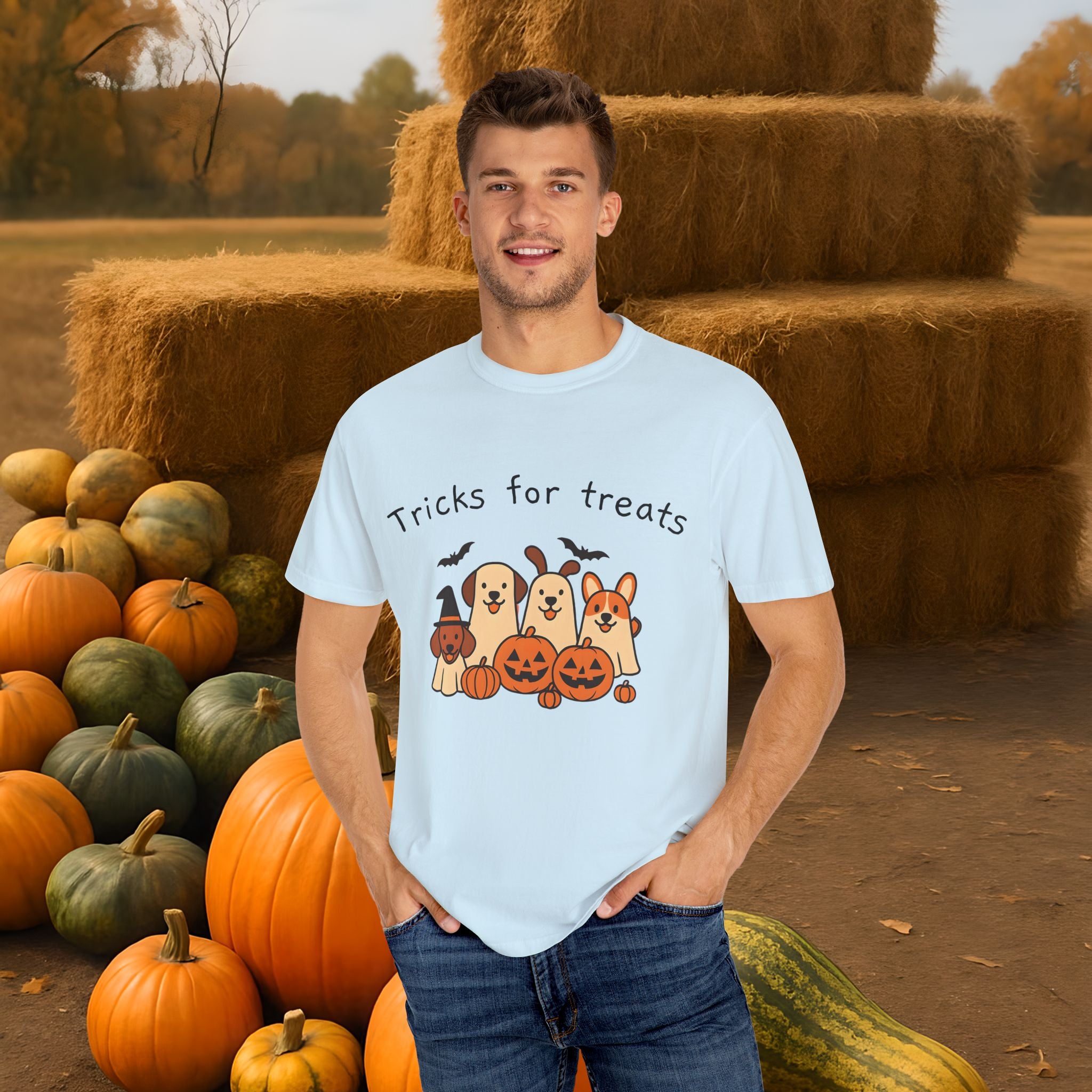 Tricks for Treats Halloween Dog Tee- Cute Fall Comfort Colors T-Shirt