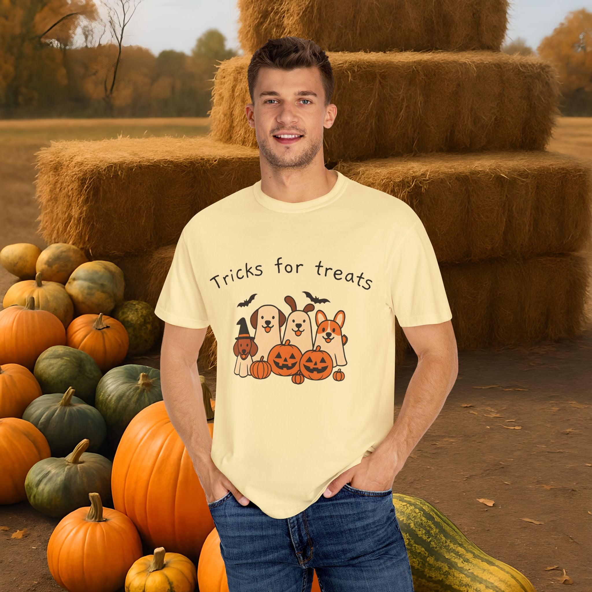 Tricks for Treats Halloween Dog Tee- Cute Fall Comfort Colors T-Shirt