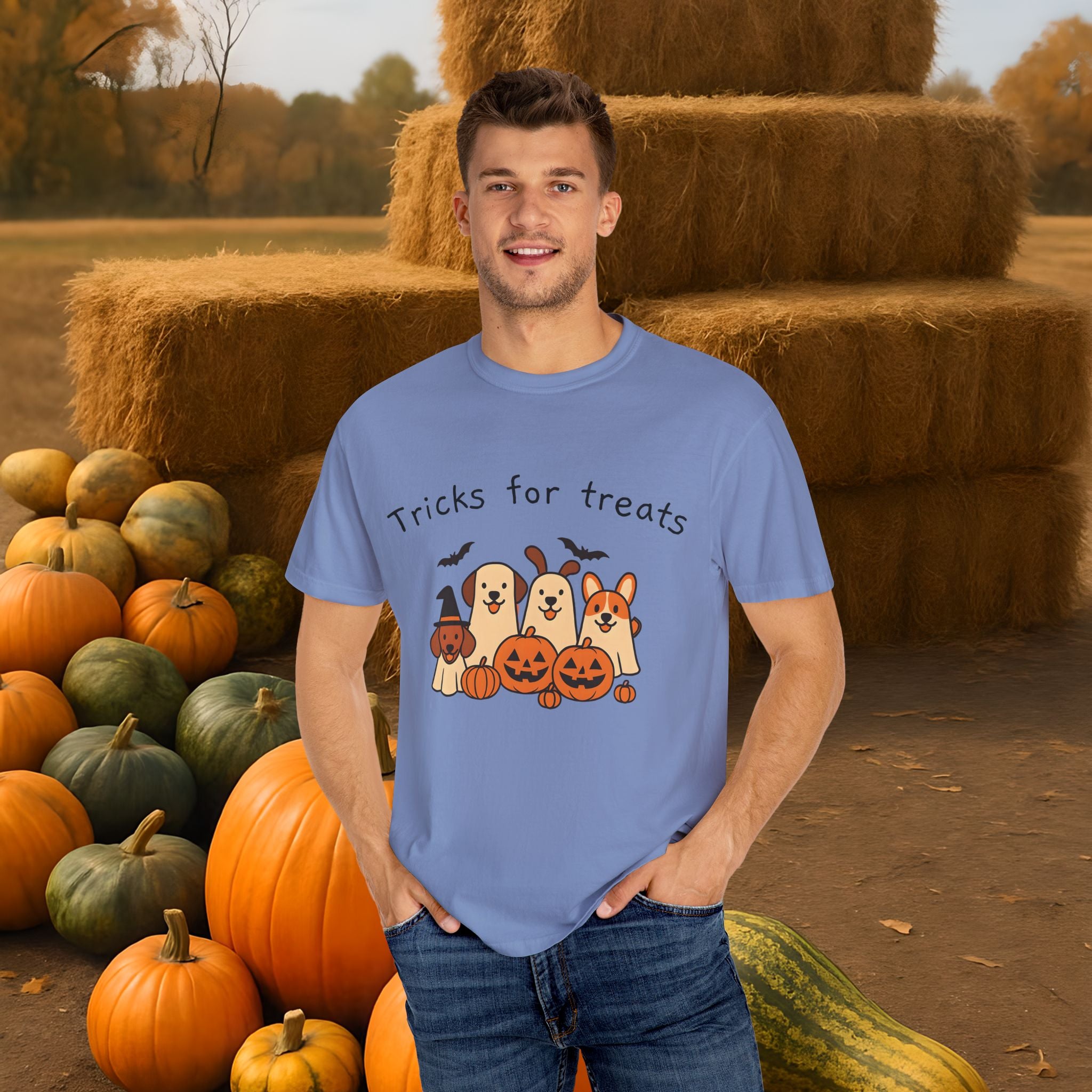 Tricks for Treats Halloween Dog Tee- Cute Fall Comfort Colors T-Shirt