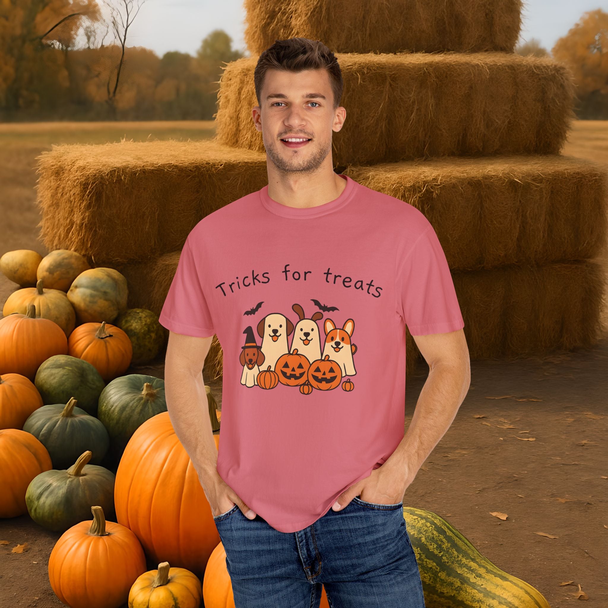 Tricks for Treats Halloween Dog Tee- Cute Fall Comfort Colors T-Shirt