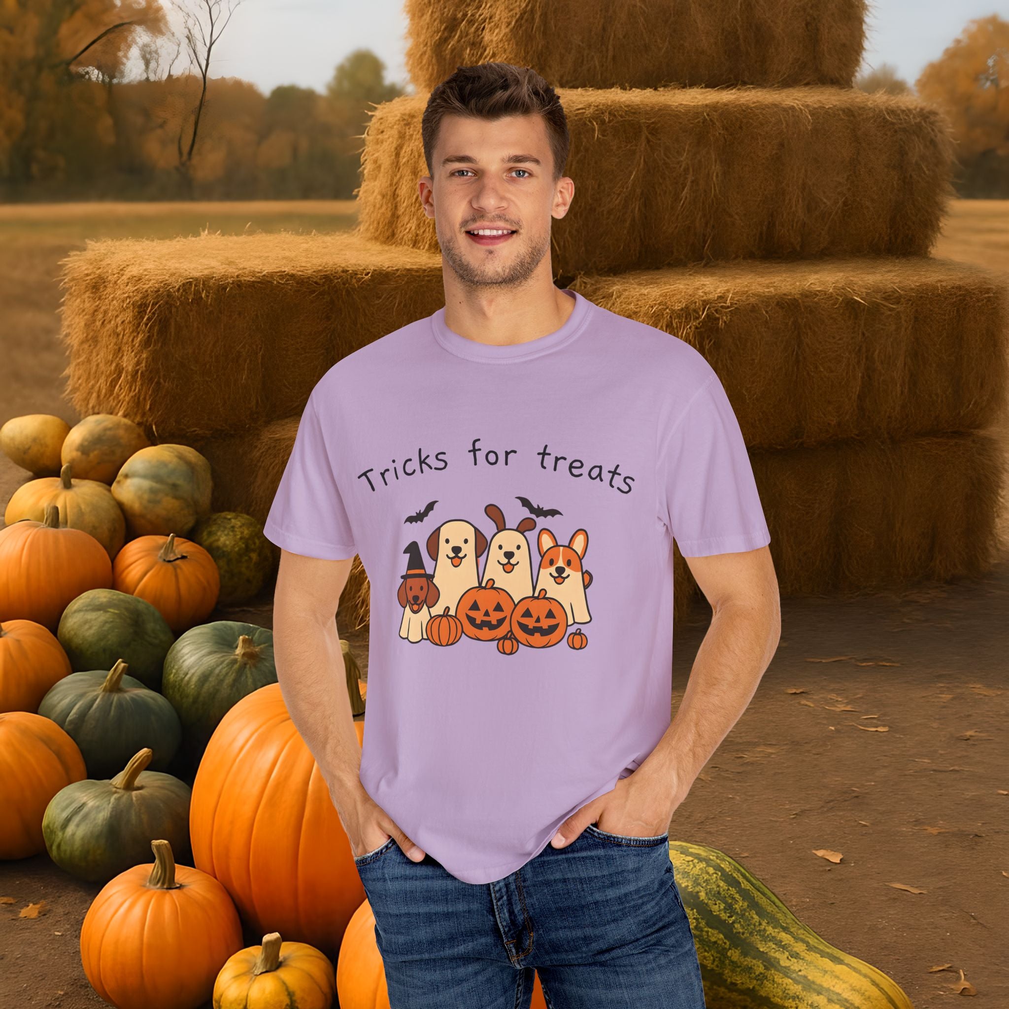 Tricks for Treats Halloween Dog Tee- Cute Fall Comfort Colors T-Shirt