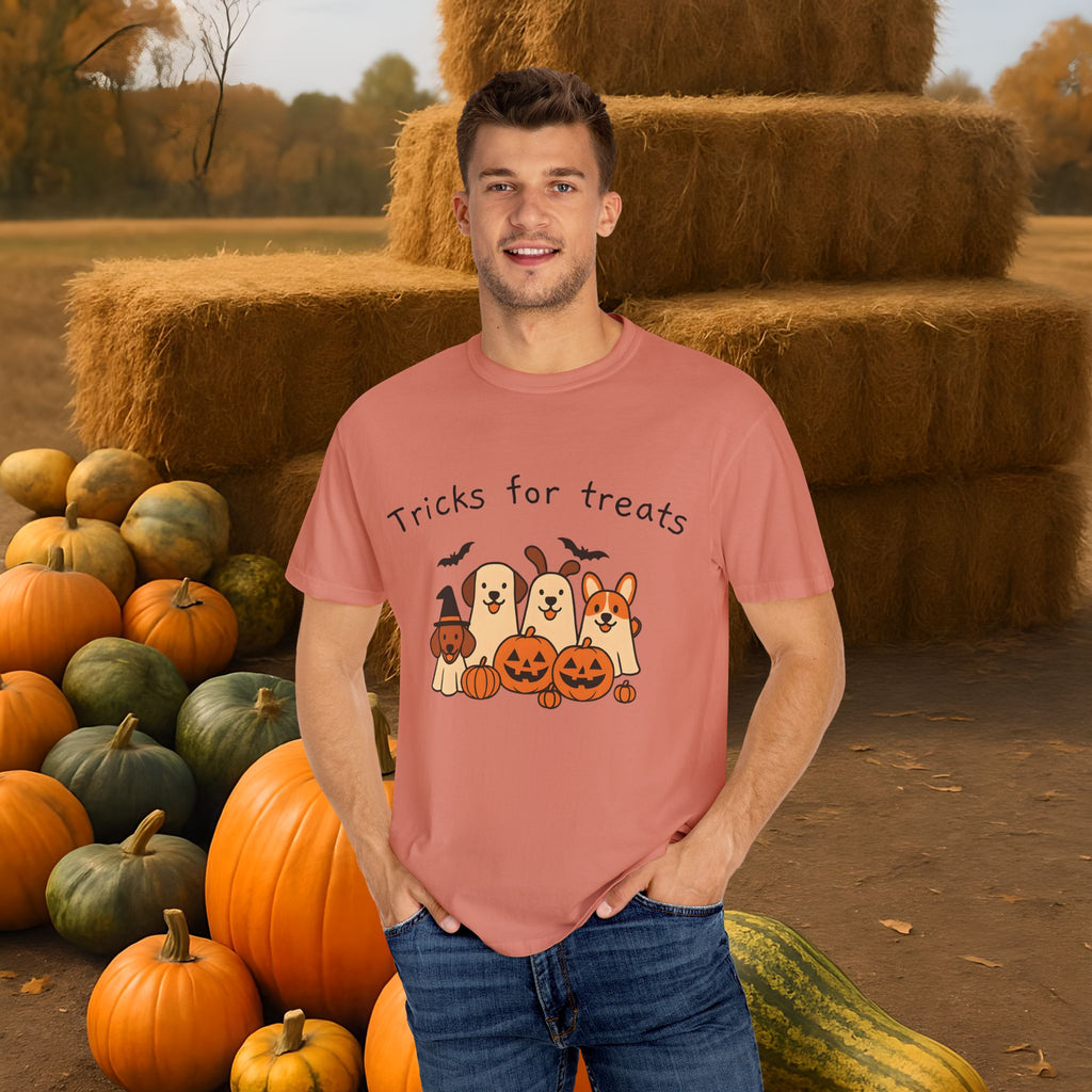 Tricks for Treats Halloween Dog Tee- Cute Fall Comfort Colors T-Shirt