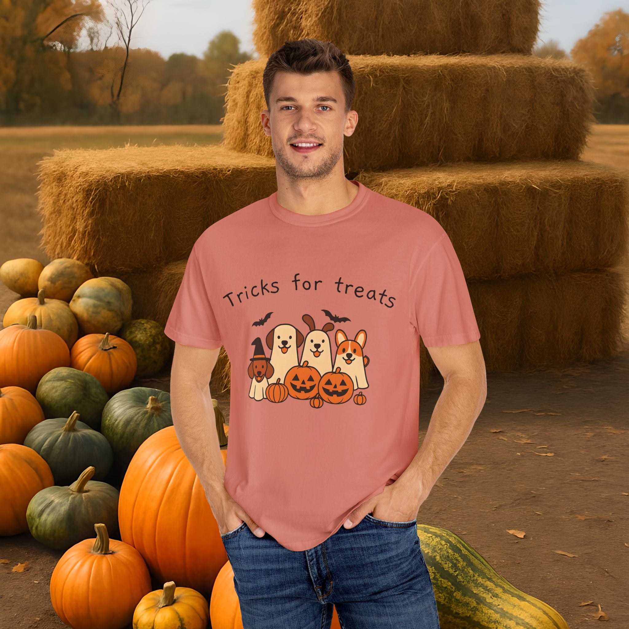 Tricks for Treats Halloween Dog Tee- Cute Fall Comfort Colors T-Shirt